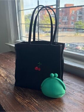 Black Cherry Tote Bag with Green Coin Pouch
